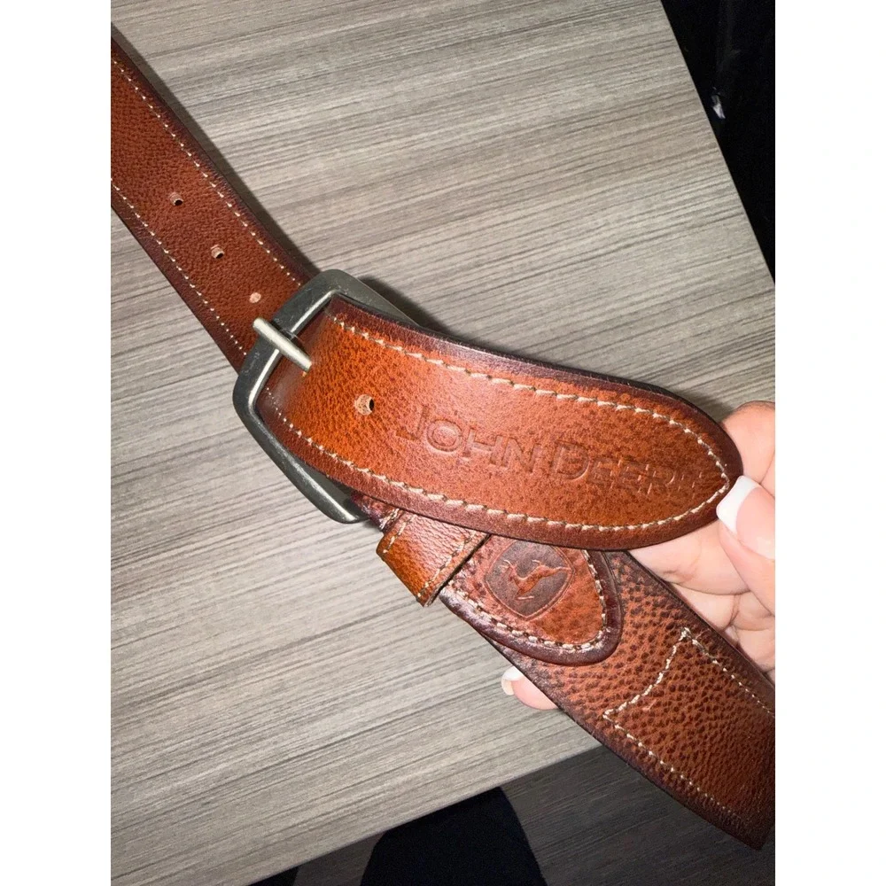 John Deere Mens Brown Genuine Leather Belt Large Pebbled Logo BTA9F3UPCA